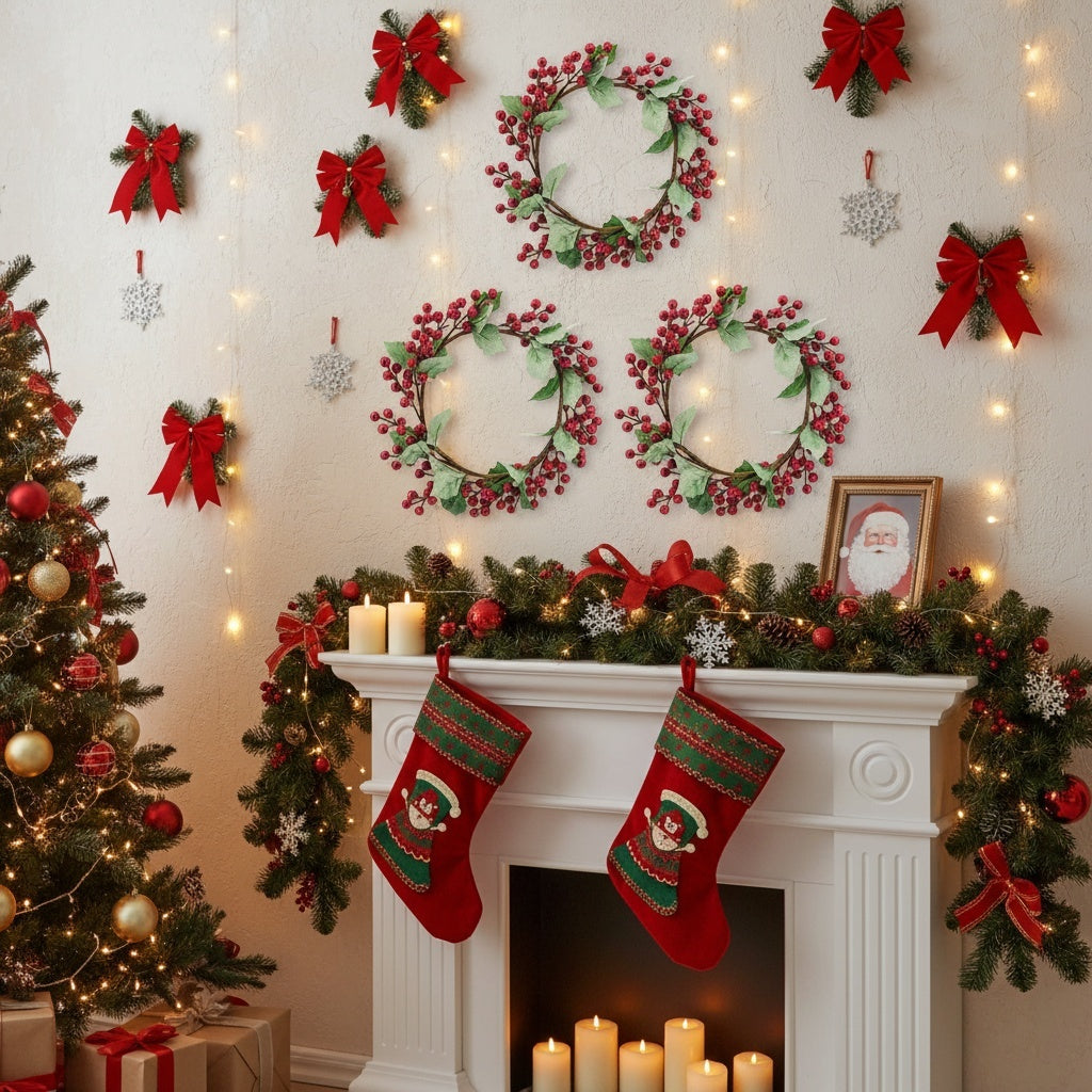 3PCS Set 13in Christmas Door Wreaths With Pine Cones Greenery Artificial Plants Garland Red Berry