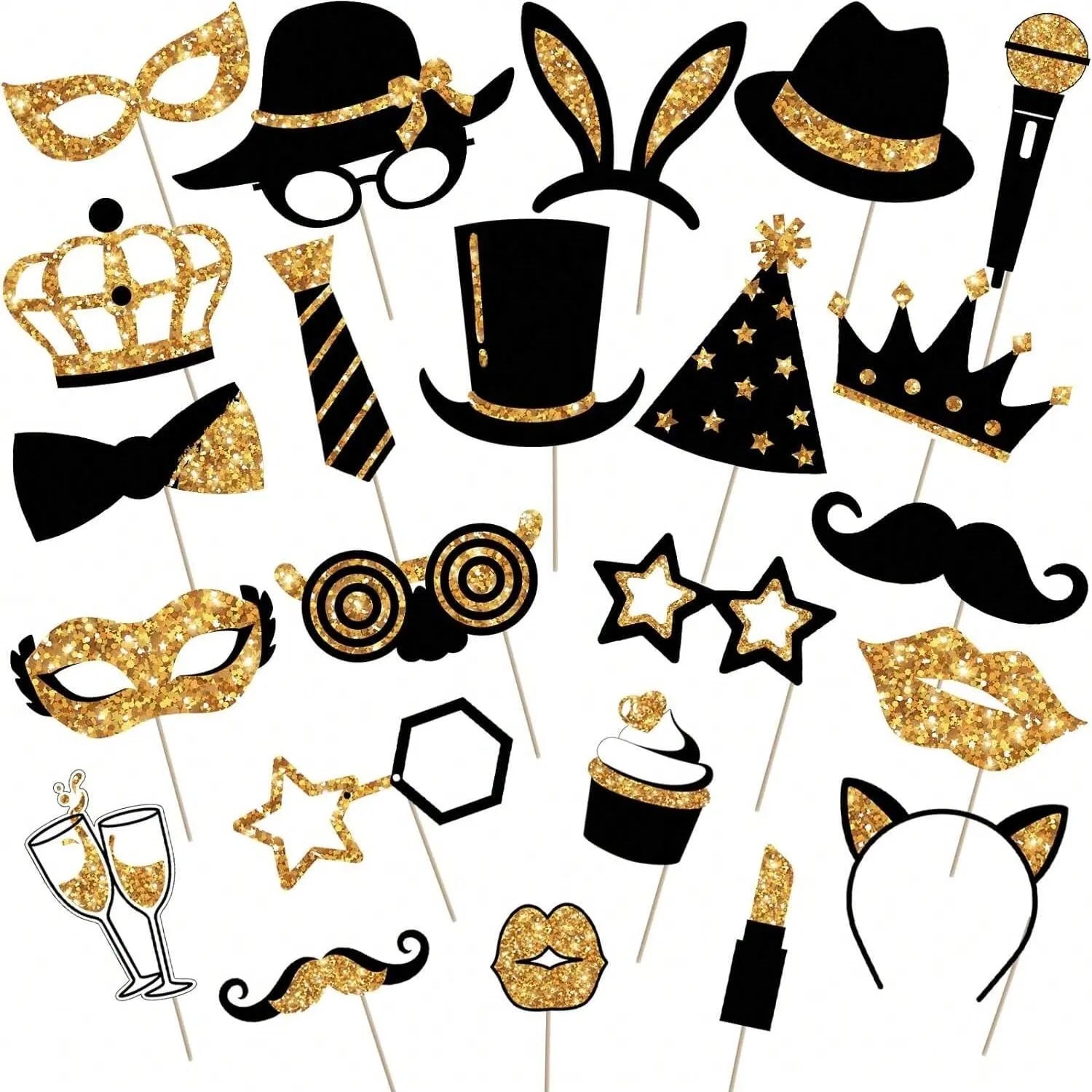 24 Pieces Party Photo Booth Props For Birthday Weddings Graduation Prom Party Supplies Mix Of Hats, Lipstick, Tie, Crowns Golden,Christmas
