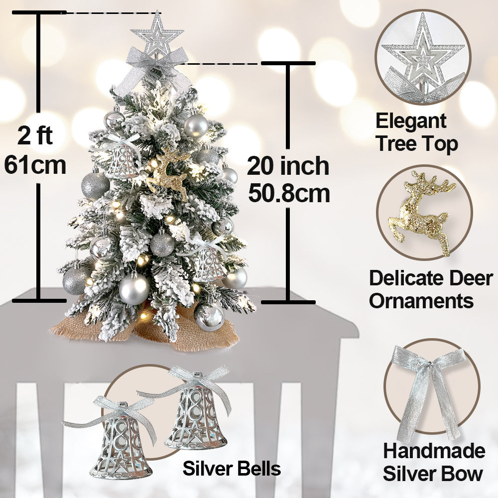 2ft Mini Christmas Tree With Light Artificial Small Tabletop With Flocked Snow