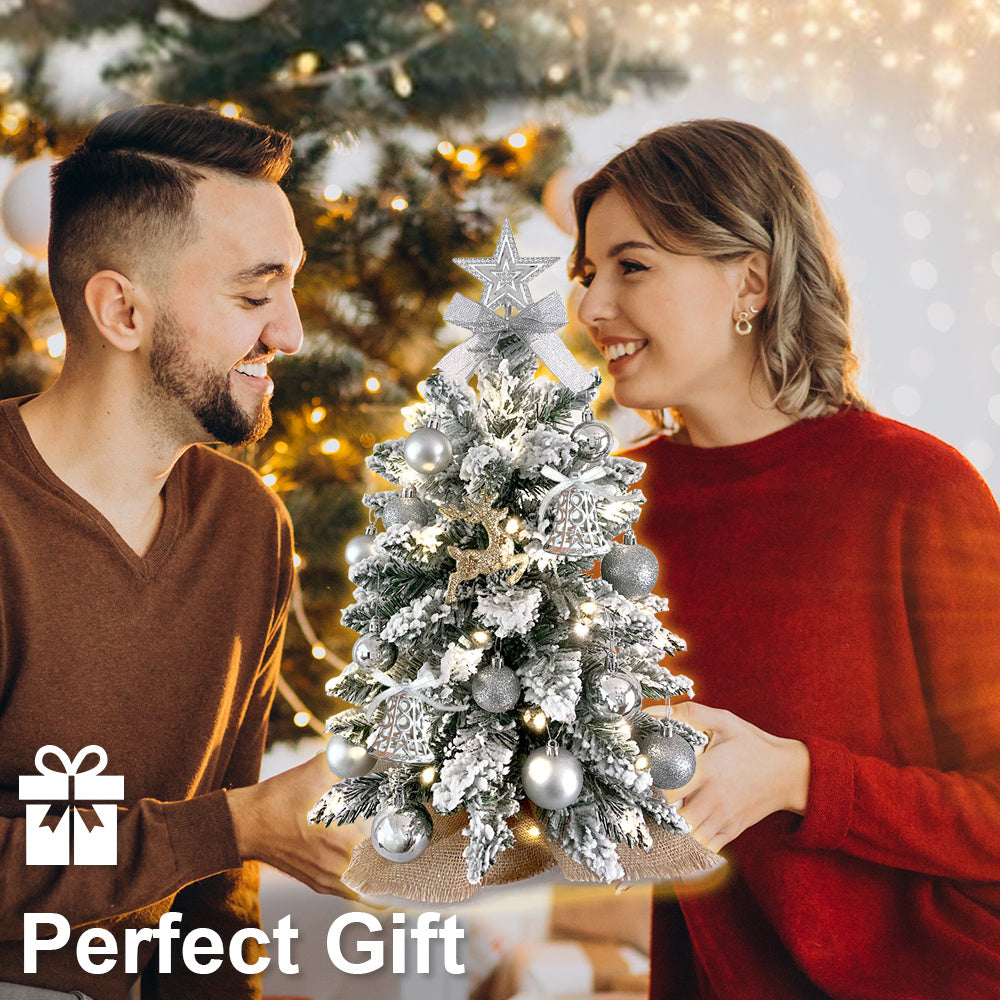 2ft Mini Christmas Tree With Light Artificial Small Tabletop With Flocked Snow