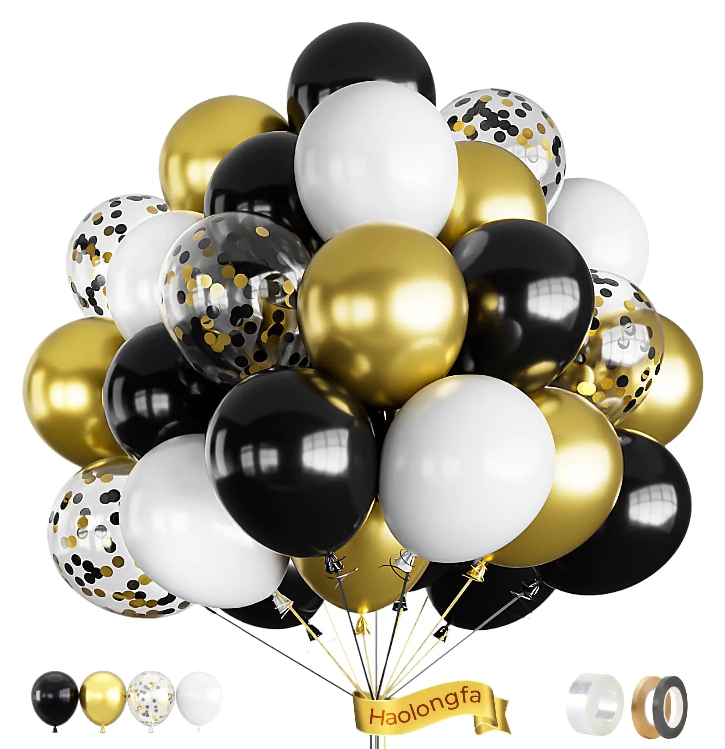 Haolongfa Black and Gold Balloons 60 pcs 12 Inch Black Gold White Balloons with Confetti Balloons Black and Gold Latex Balloons for Birthday Retirement Graduation New Years Eve Party Decorations
