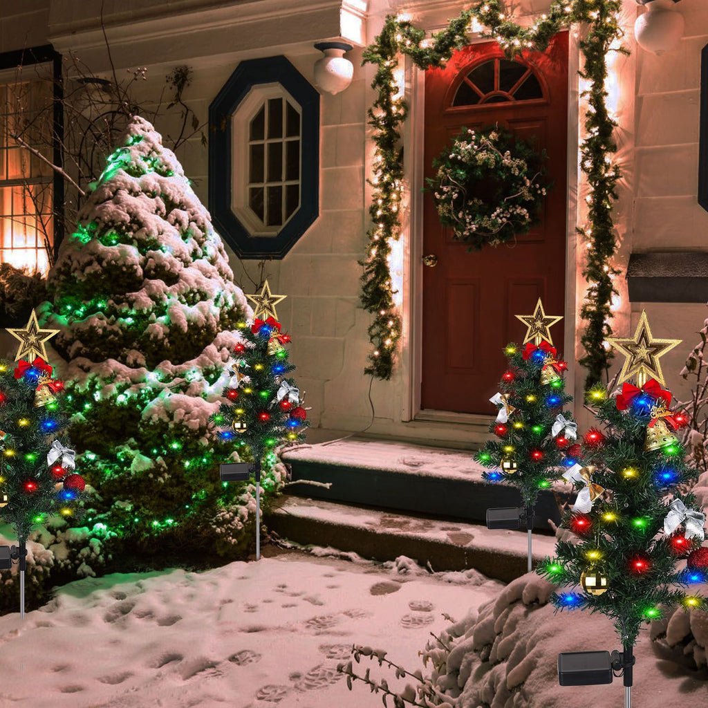 4Packs Solar Christmas Tree Lights Xmas Garden Decorations Tree Stake Lamp 20LEDs Solar Decor Light With Constant And Flashing Mode For Pathway Yard Patio Landscape