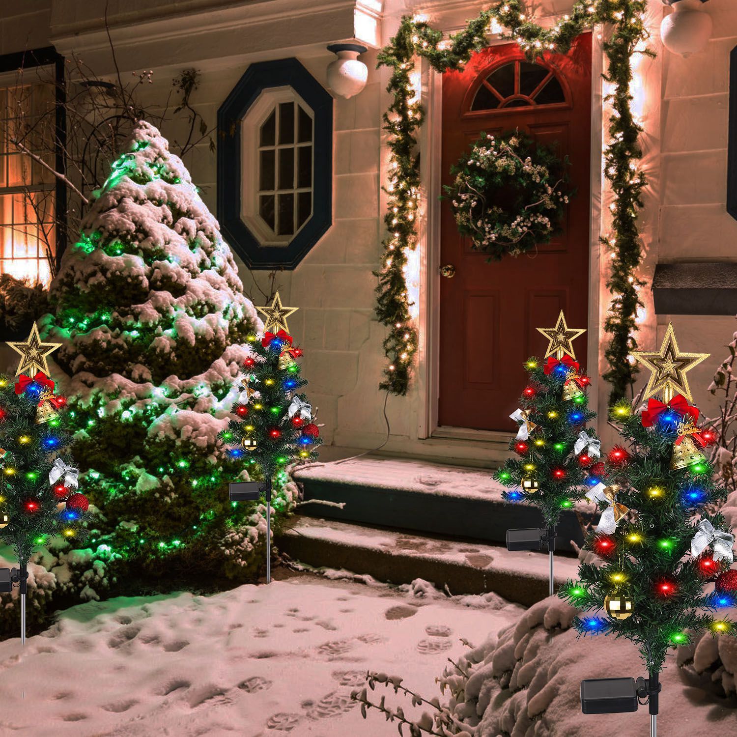 4Packs Solar Christmas Tree Lights Xmas Garden Decorations Tree Stake Lamp 20LEDs Solar Decor Light With Constant And Flashing Mode For Pathway Yard Patio Landscape