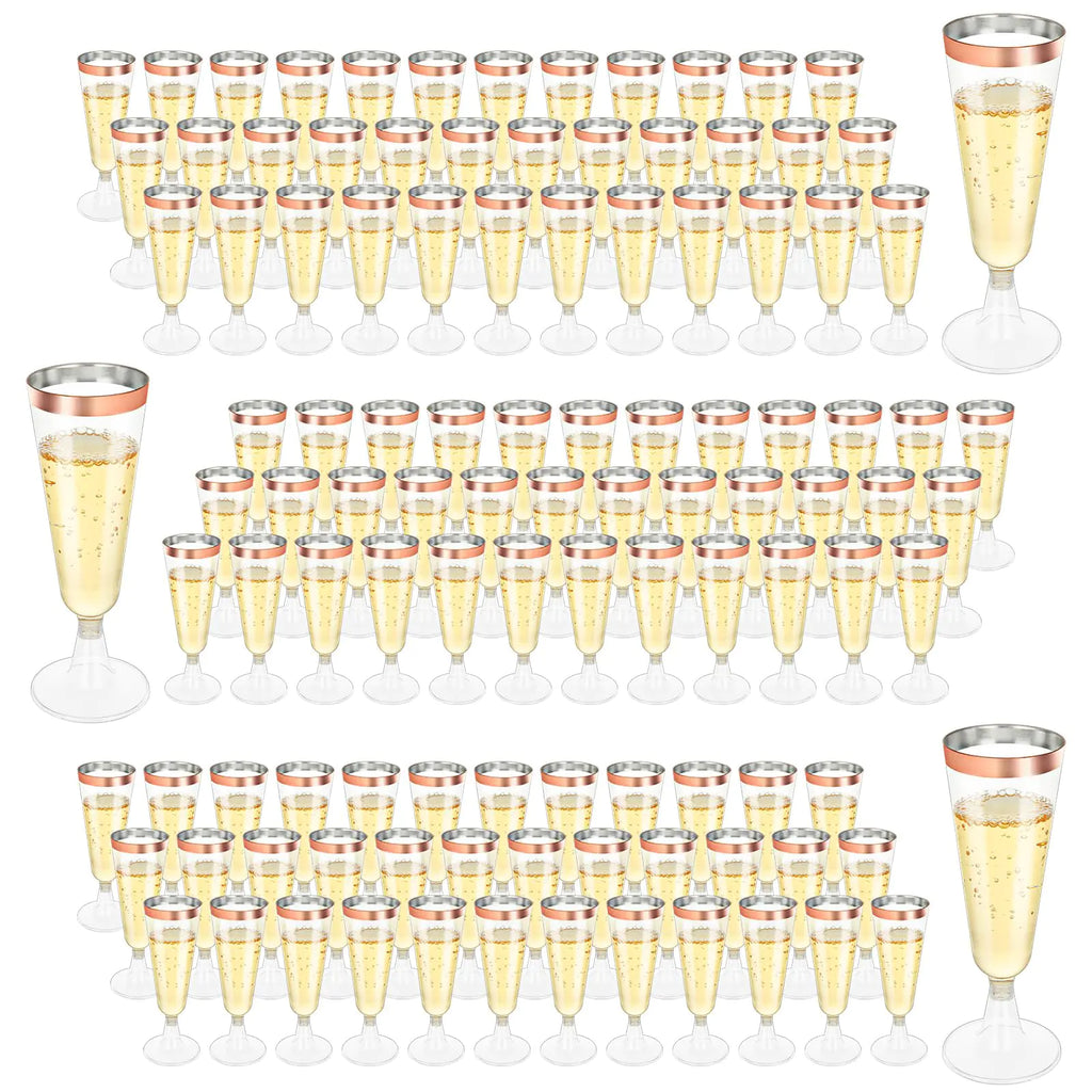 FVIEXE 100 Pack Plastic Champagne Flutes 5Oz Disposable Champagne Glasses Rose Gold Rim Wine Champagne Flute Glasses Clear Plastic Toasting Glass Mimosa Cocktail Cups for Bar Parties Wedding (160ml)