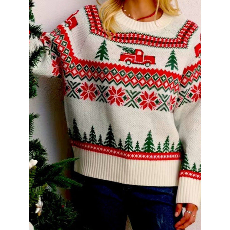 Casual Lazy Christmas Tree Embroidery Crew Neck Pullover Sweater