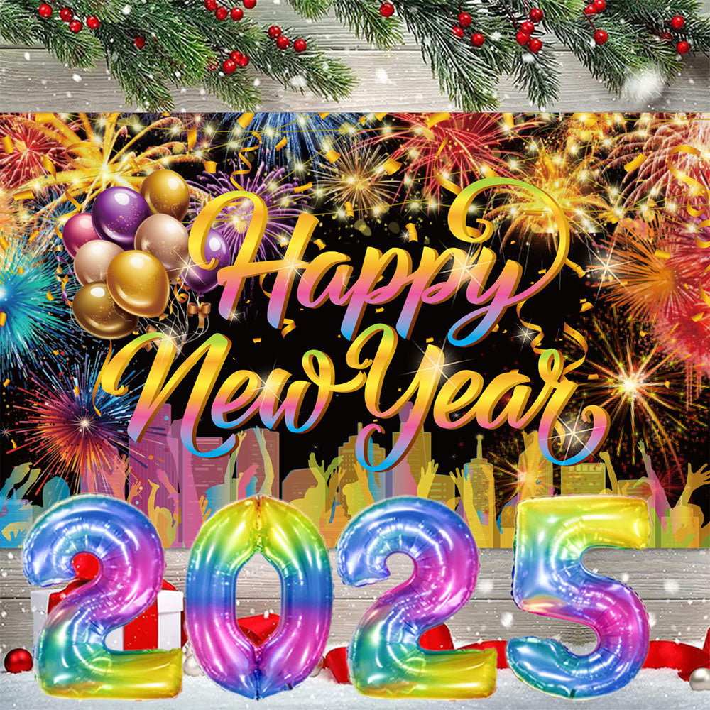 5 Pcs Happy New Year Party Backdrop 32 Inch 2025 Balloons Set With Rope  Happy New Year Decorations Colorful Firework New Years Backdrop  For New Years Eve Party Supplies