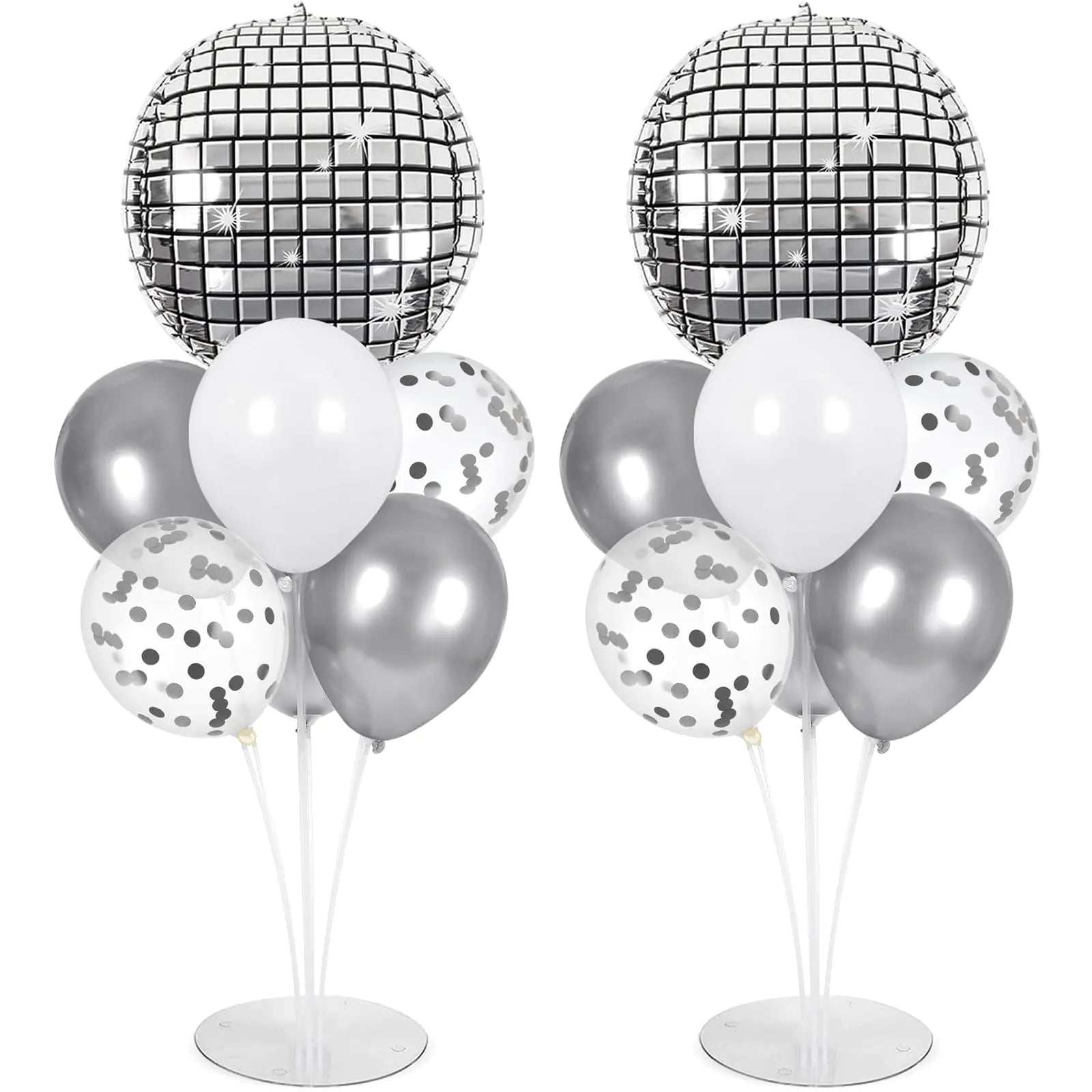 Silver Disco Ball Party Balloons Stand Kit 2 Sets with 2 Metallic Disco Ball Foil Balloons Disco Themed Centerpiece for Tables 70s Disco Dance Birthday Decorations New Years Eve Party Supplies 2025