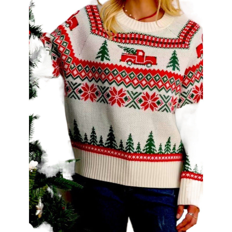Casual Lazy Christmas Tree Embroidery Crew Neck Pullover Sweater