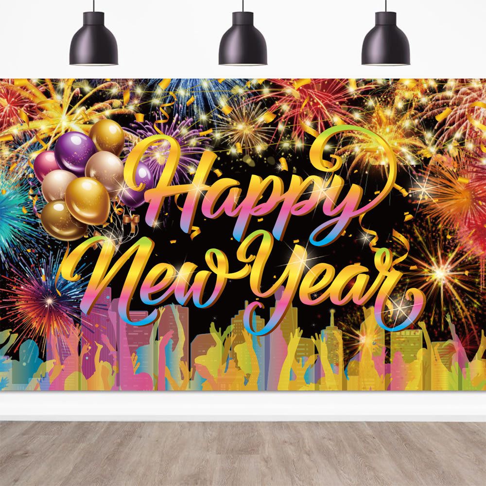 5 Pcs Happy New Year Party Backdrop 32 Inch 2025 Balloons Set With Rope  Happy New Year Decorations Colorful Firework New Years Backdrop  For New Years Eve Party Supplies