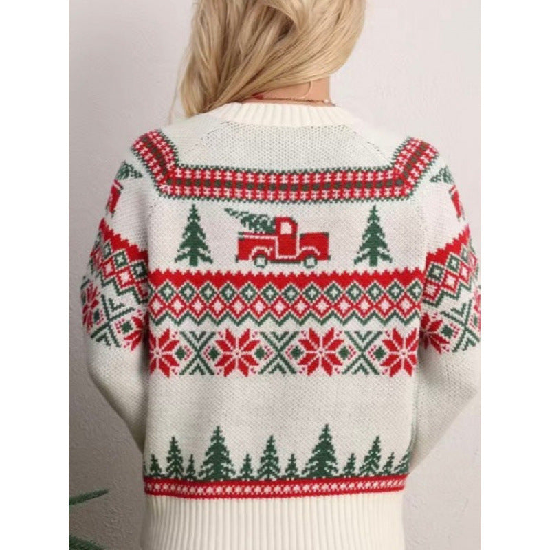 Casual Lazy Christmas Tree Embroidery Crew Neck Pullover Sweater