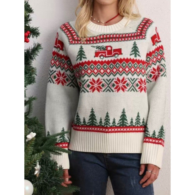 Casual Lazy Christmas Tree Embroidery Crew Neck Pullover Sweater