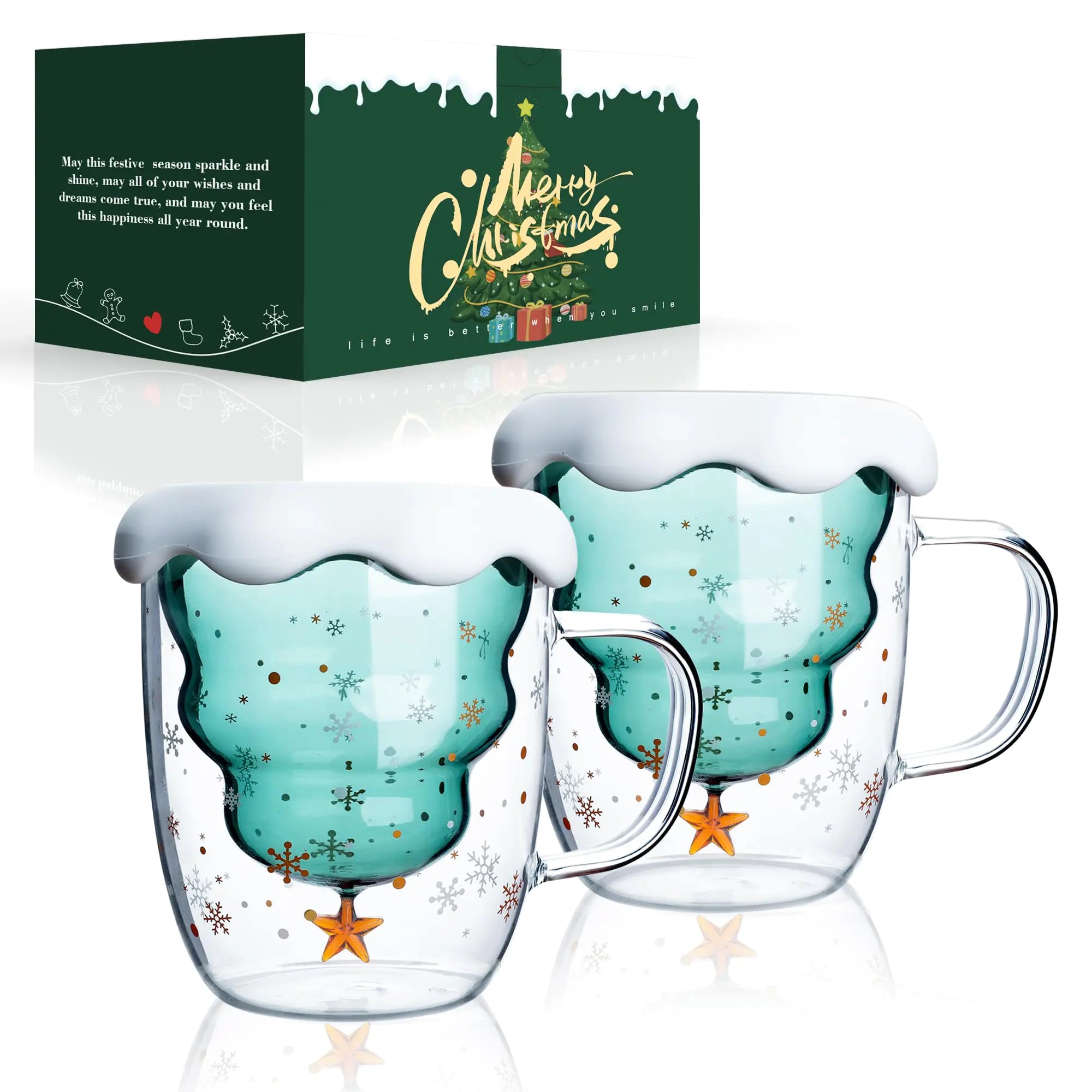 LIBWYS 2 Pack Christmas Mugs Double Walled Borosilicate Christmas mug set with Snowflake Lid Cute Mugs for Hot Cocoa and Coffee 300ml Christmas tree mugs Christmas Gift for Family Friend