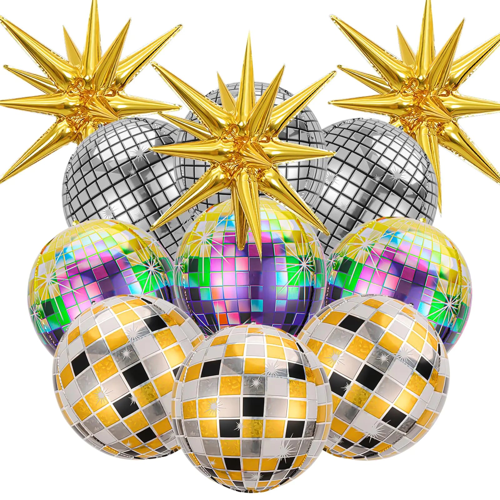 12Pcs Giant Disco Ball Balloons with Golden Stars