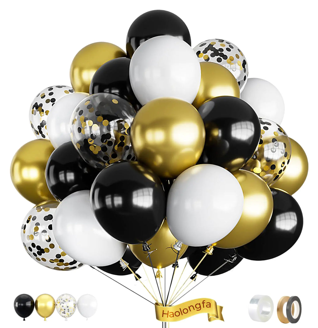 Haolongfa Black and Gold Balloons 60 pcs 12 Inch Black Gold White Balloons with Confetti Balloons Black and Gold Latex Balloons for Birthday Retirement Graduation New Years Eve Party Decorations